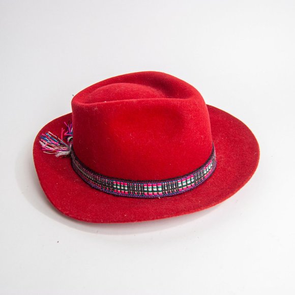 90s Red Wool Fedora With Embroidered Wrap M main image 4